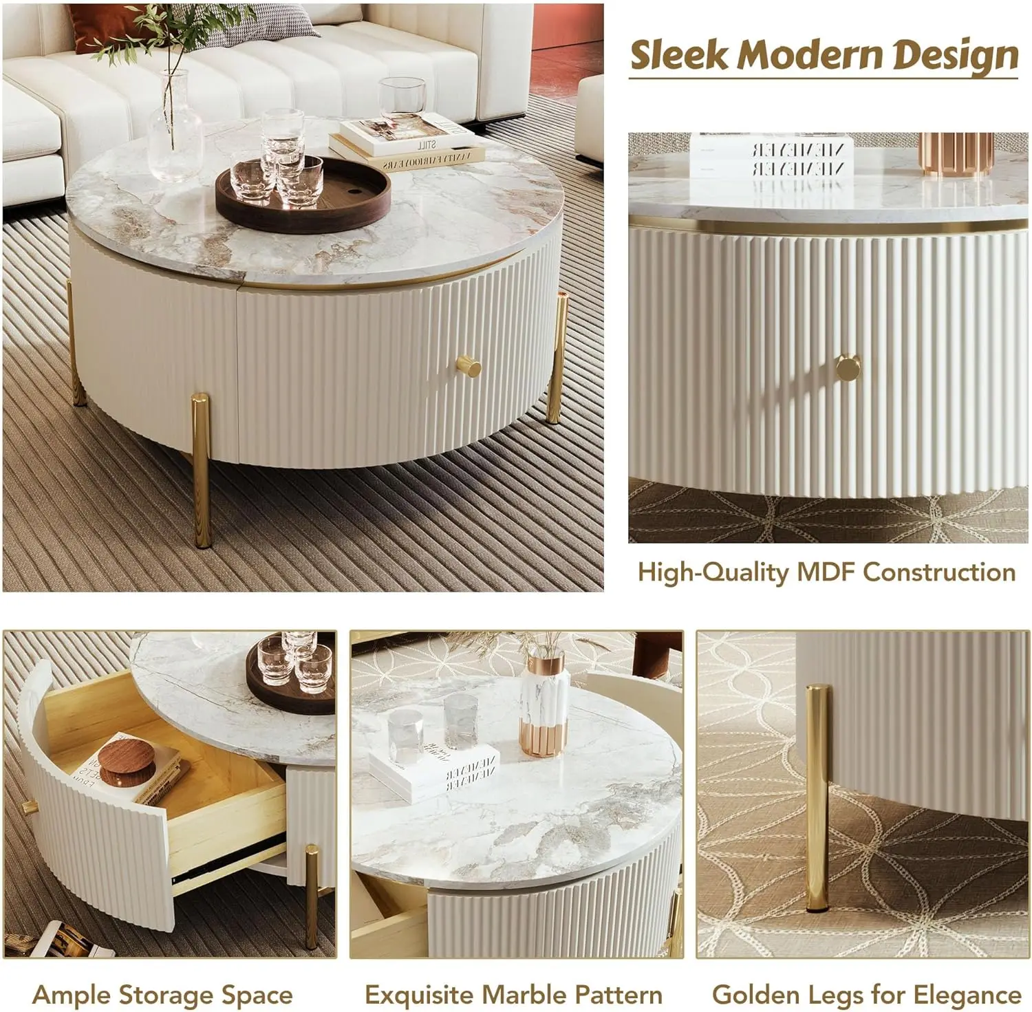 Modern Round Coffee Table With 2 Large Drawers Storage Accent Table(31.5'')