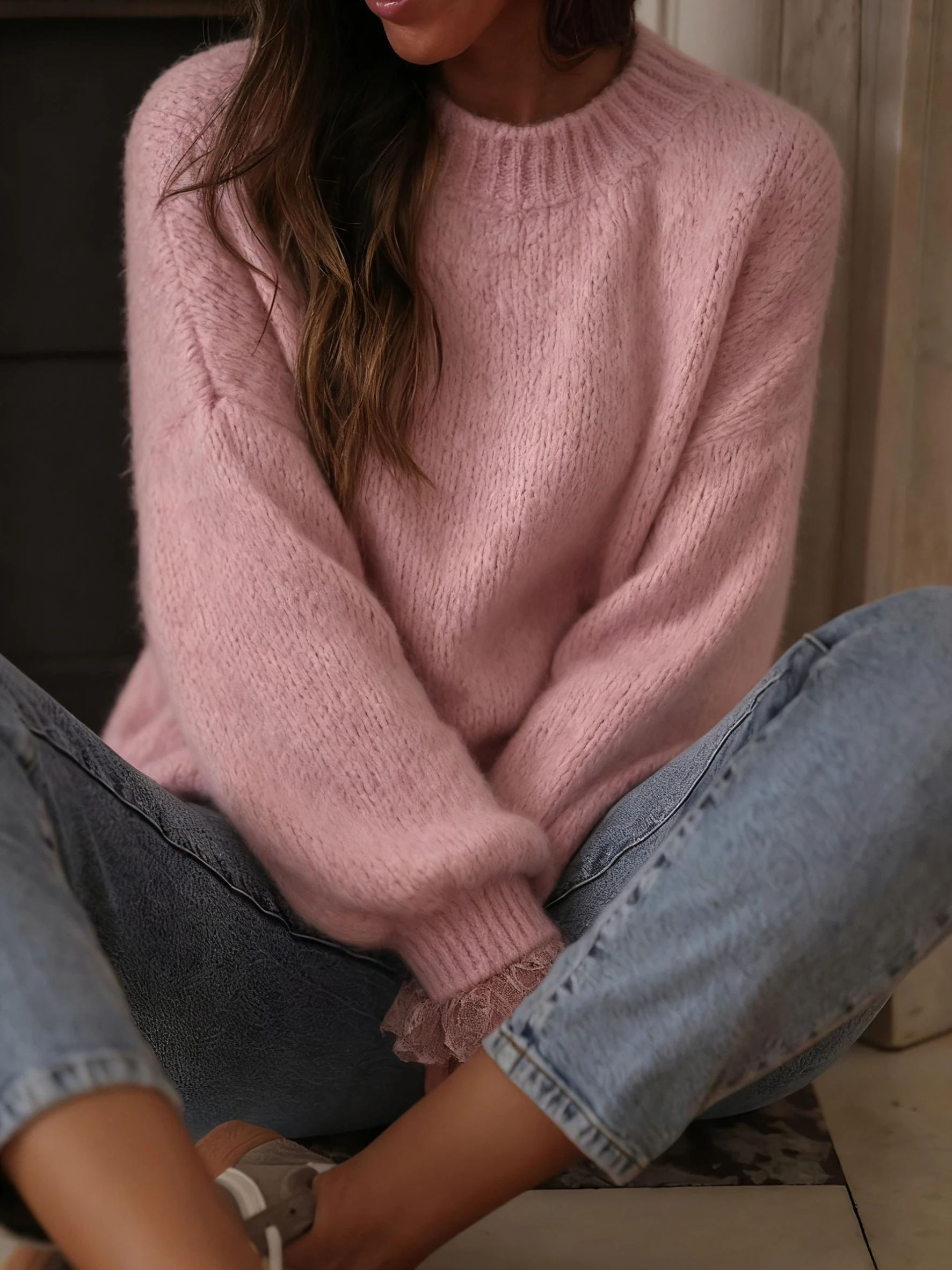 Gebreide damestrui in Europese en Amerikaanse stijl, effen kleur, eenvoudige, losse trui met ronde hals