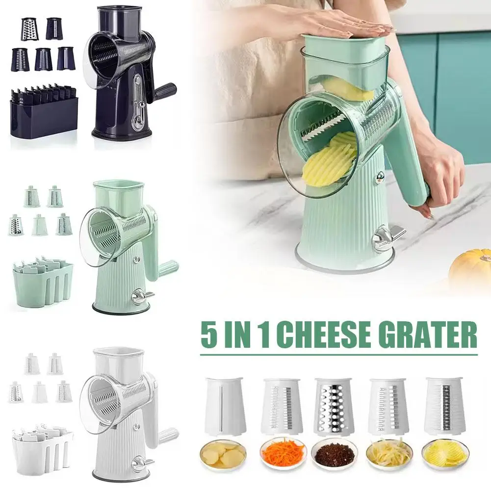 5 In 1 Rotary Cheese Grater With Handle Manual Vegetable Strong Slicer Base Graters Nuts Grinder With Shredder Suction O2d3