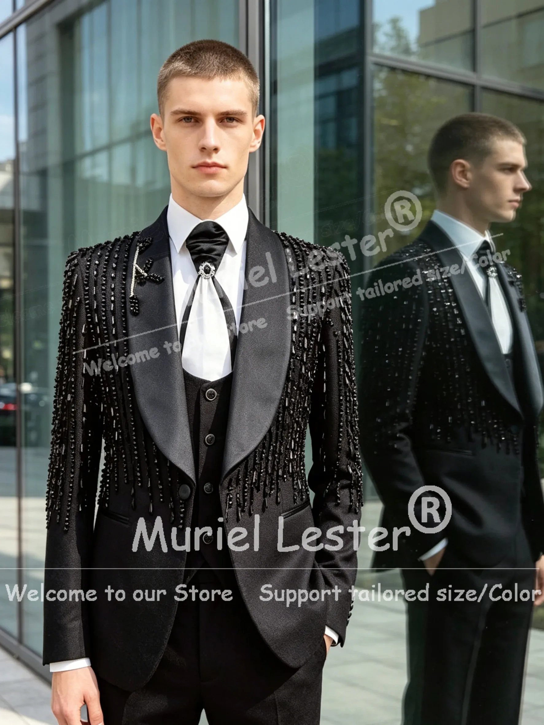 Trajes de Lujo para Hombre, Traje de Novio de 2 Piezas, Blazer con Solapa de Chal y Pantalones, Personalizado con Cuentas Negras, Blazer para Fiesta de Graduación, Traje de Negocios para Hombre
