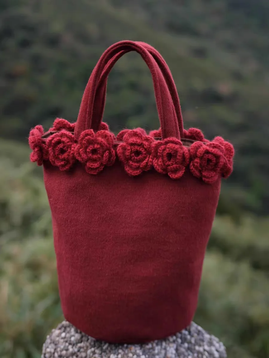 

Miyagawa 2025 New Chinese Style Retro Woolen Fabric Flower Handbag Large Capacity Wedding Bag