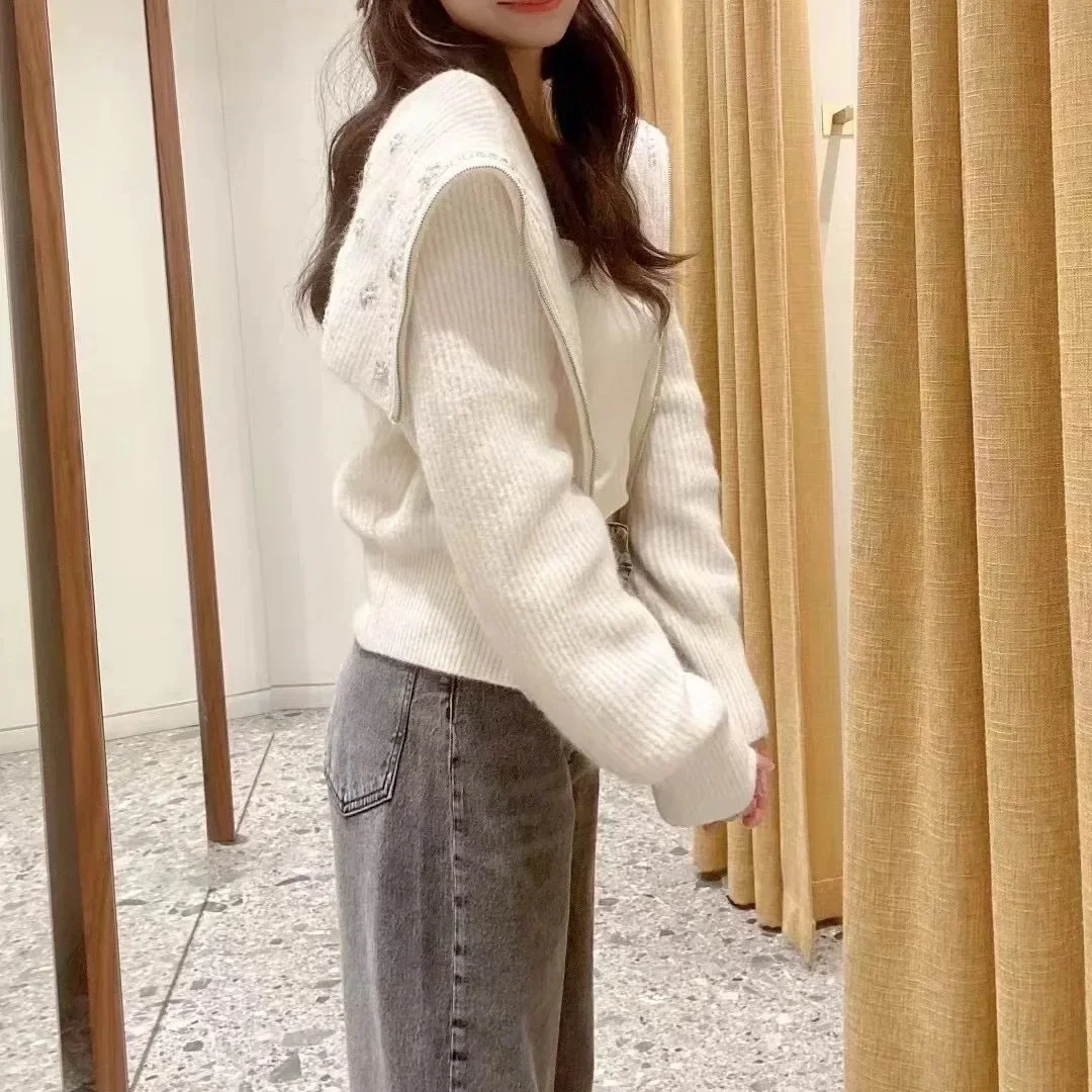 

Women's diamond knitted cardigan long sleeve navy collar zipper casual ladies top