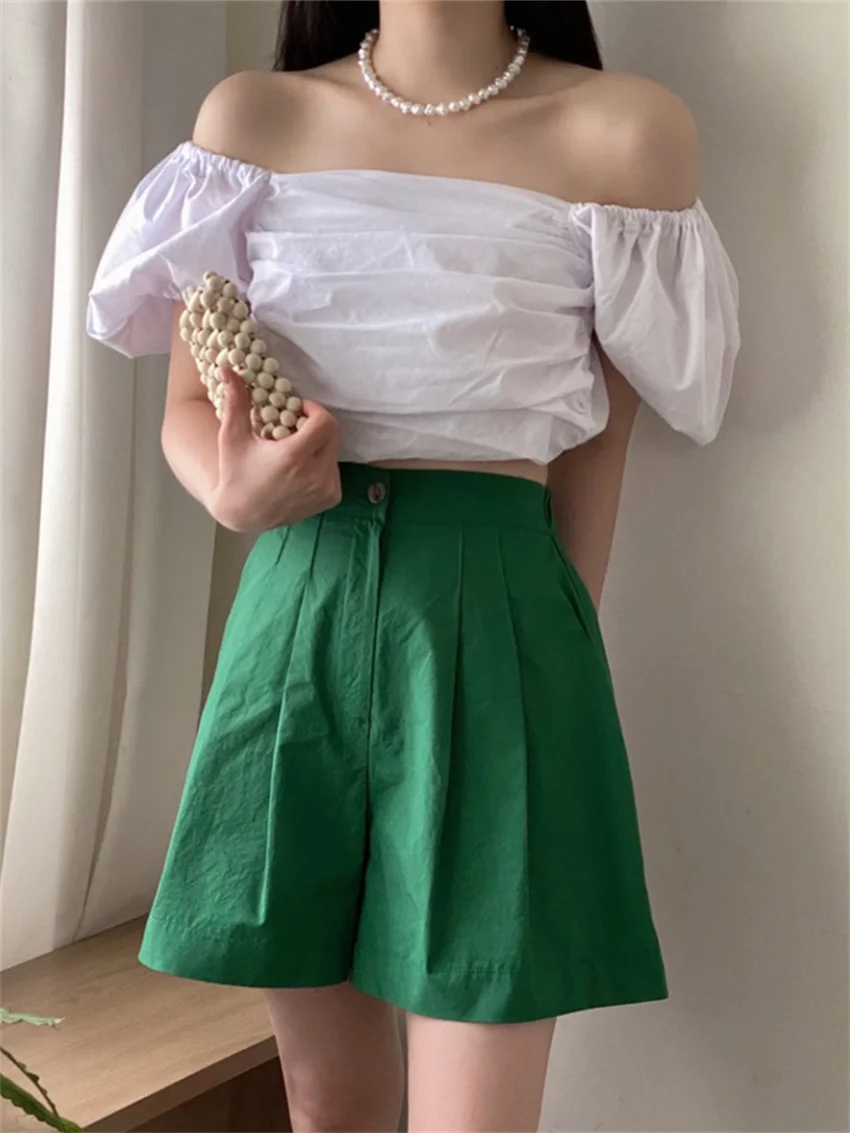 

Alien Kitty Summer High Waist Shorts Women Chic Office Lady Loose Wide Leg Sweet 2024 Slim Elegant Casual Puff Sleeve Shirts