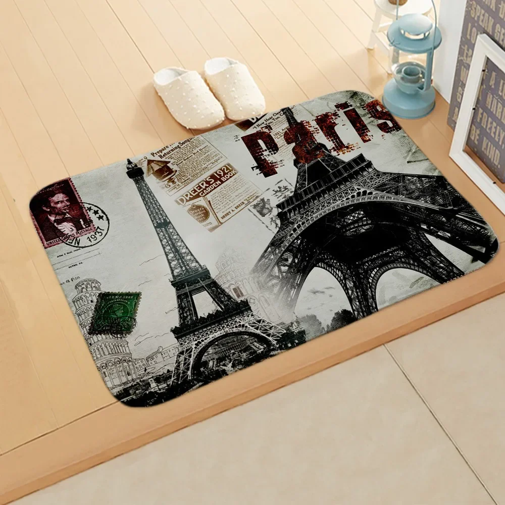 Vintage Postcard Style Flannel Doormats Paris London Italy Scenes with Stamps and Landmarks Non - Slip Floor Mats for Home Decor