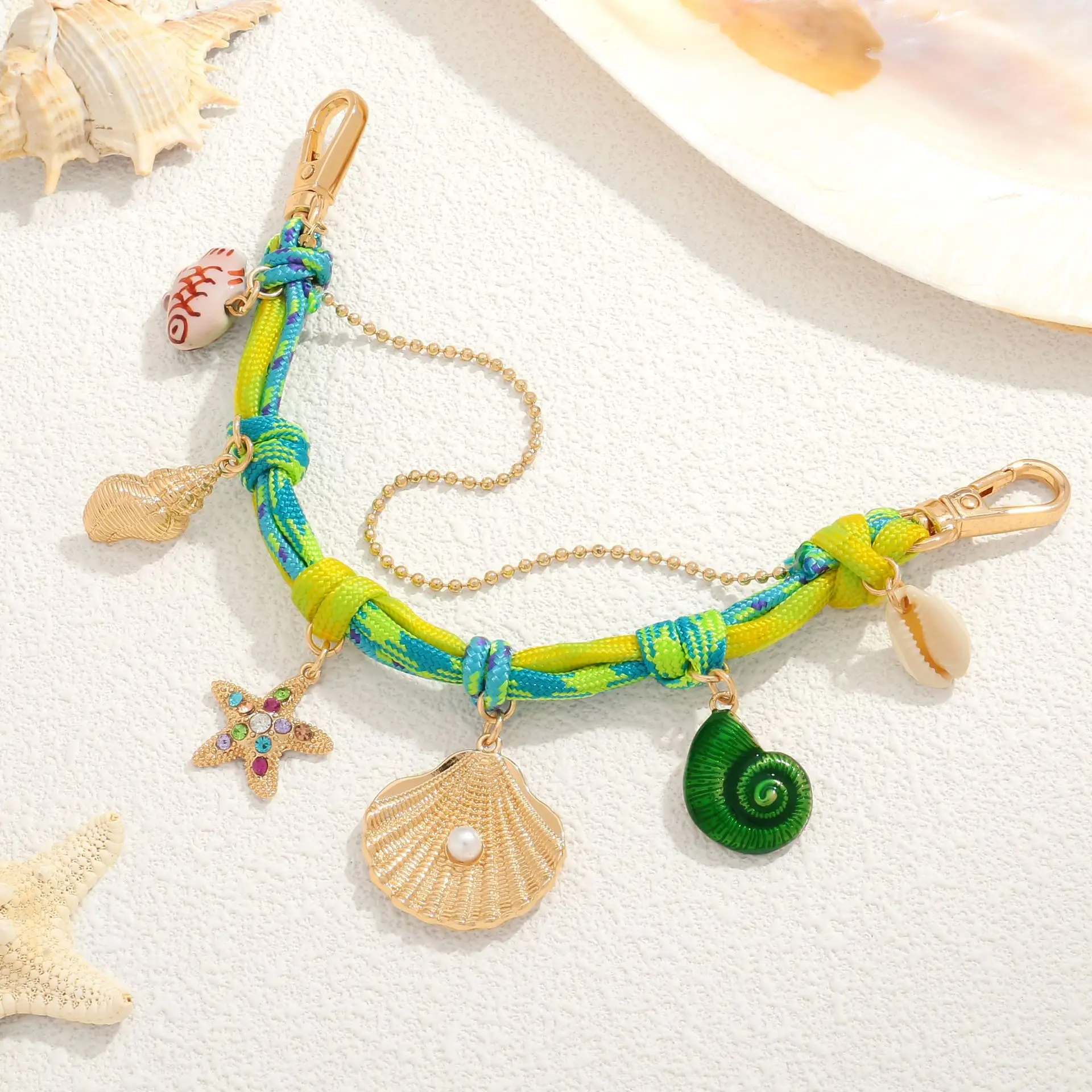 

New Bohemian Style Bag Lanyard Ocean Vacation Style Pendant Inlaid with Natural Stone Retro Woven Pendant Keychain Accessories