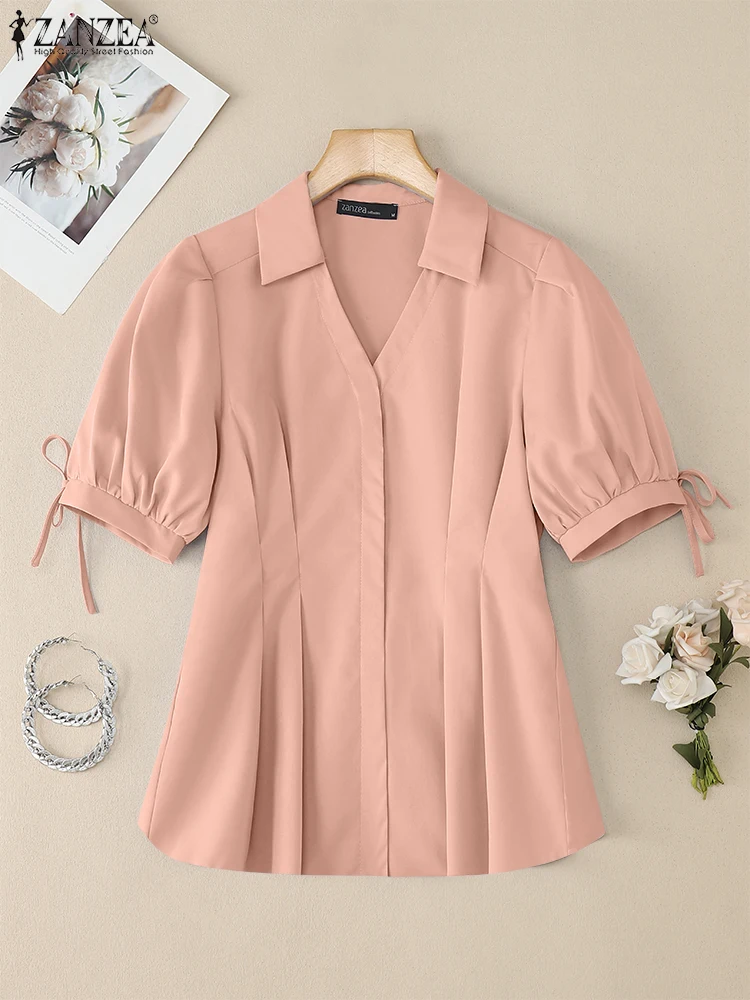 

ZANZEA 2025 Fashion Women Tunic Tops Solid Color Blouse Autumn Short Sleeve Elegant Office Lady Pleated Shirts Casual OL Blusas