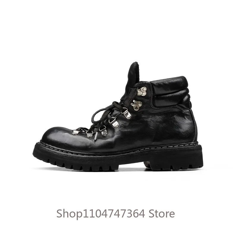 British Genuine Leather Hiking Vintage Washed Thick Sole Lace‑up Ankle Boots Men's Shoes Outdoor Work Motorcycle Boots Male