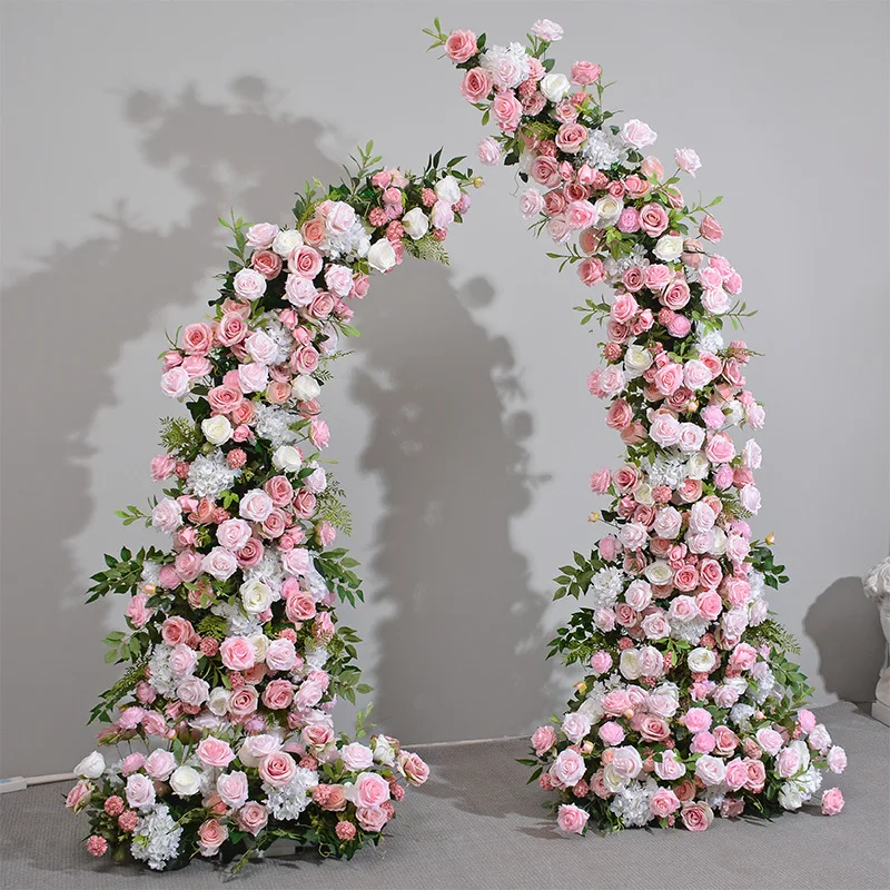 Pink Rose Hydrangea Green Leaves Wedding Backdrop Arch KT Board Decor 5D Floral Arrangement Flower Row Runner Event Party Props