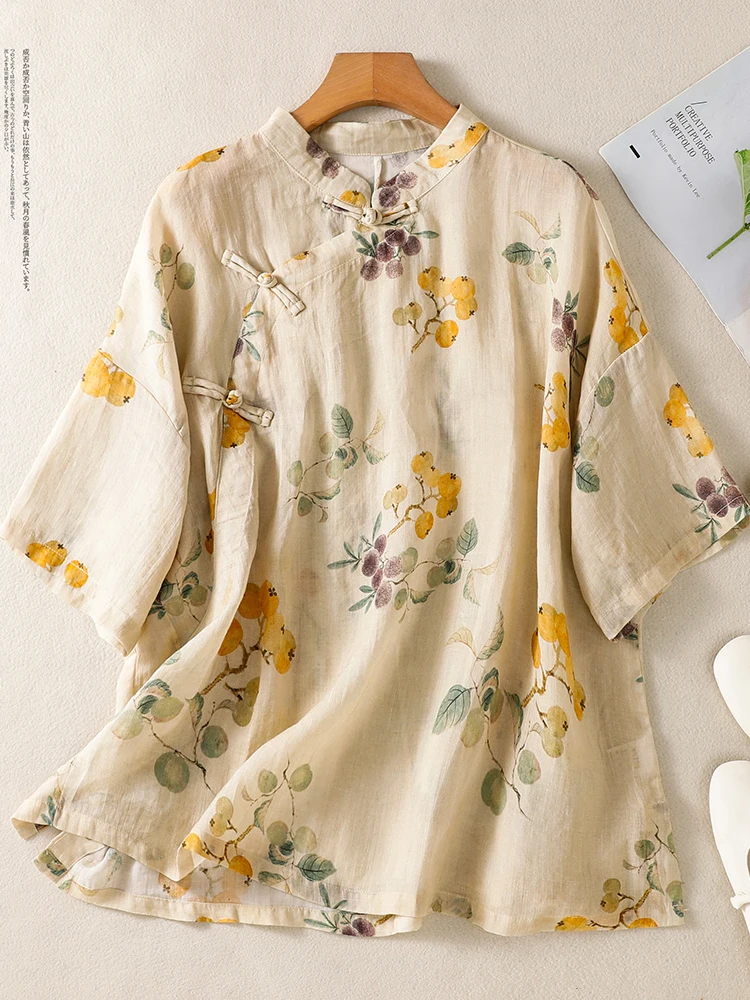 Retro Chinese Style Large Size Women's Shirt Loose Fit Five Sleeve Buttons Polyester Cotton Flax Print Vintage Top