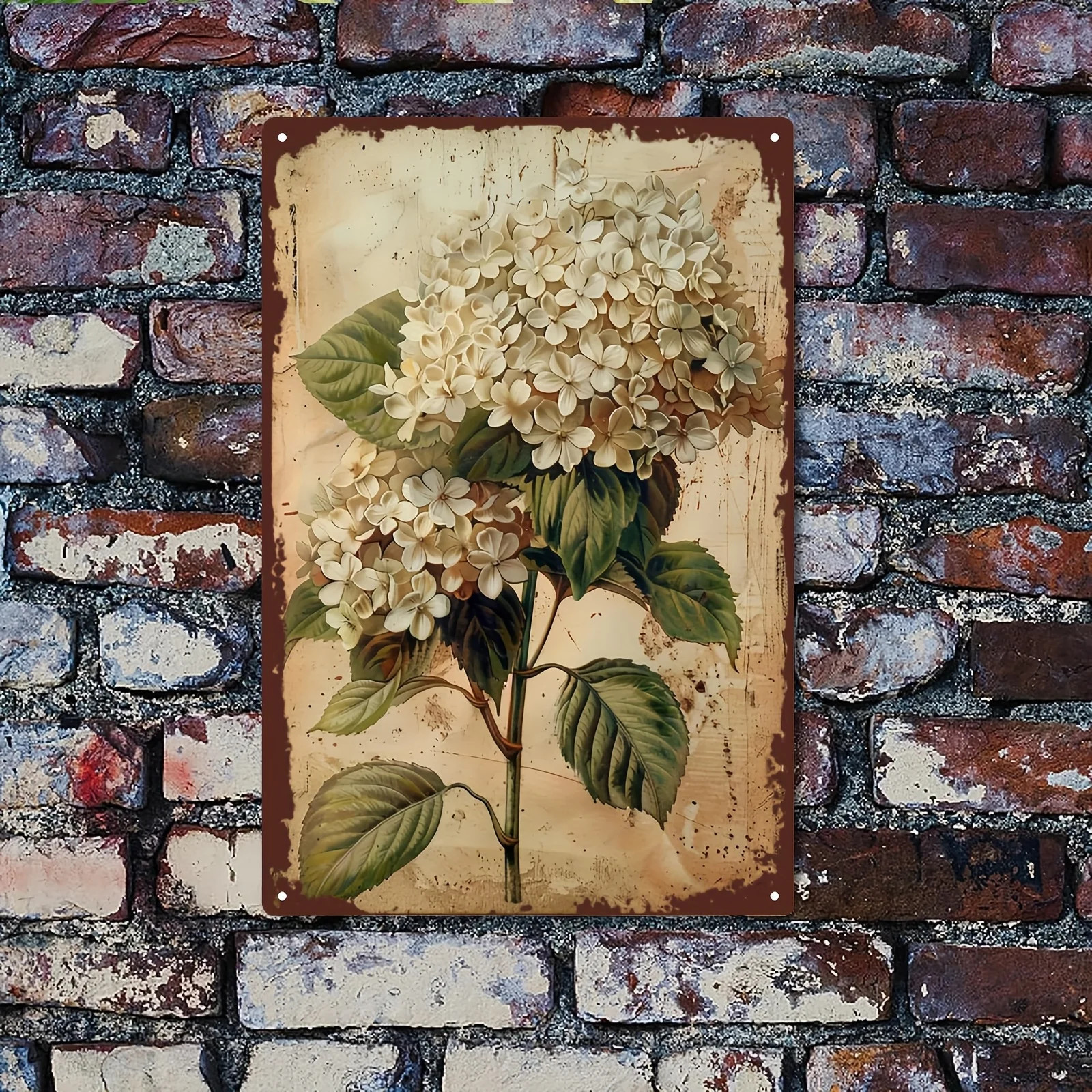 2D Flat, 1pc of 2D Metal Iron Sign. A 2D Tin Sign Featuring a Bouquet of Hydrangea Flowers with White Blooms and Lush Green Leav