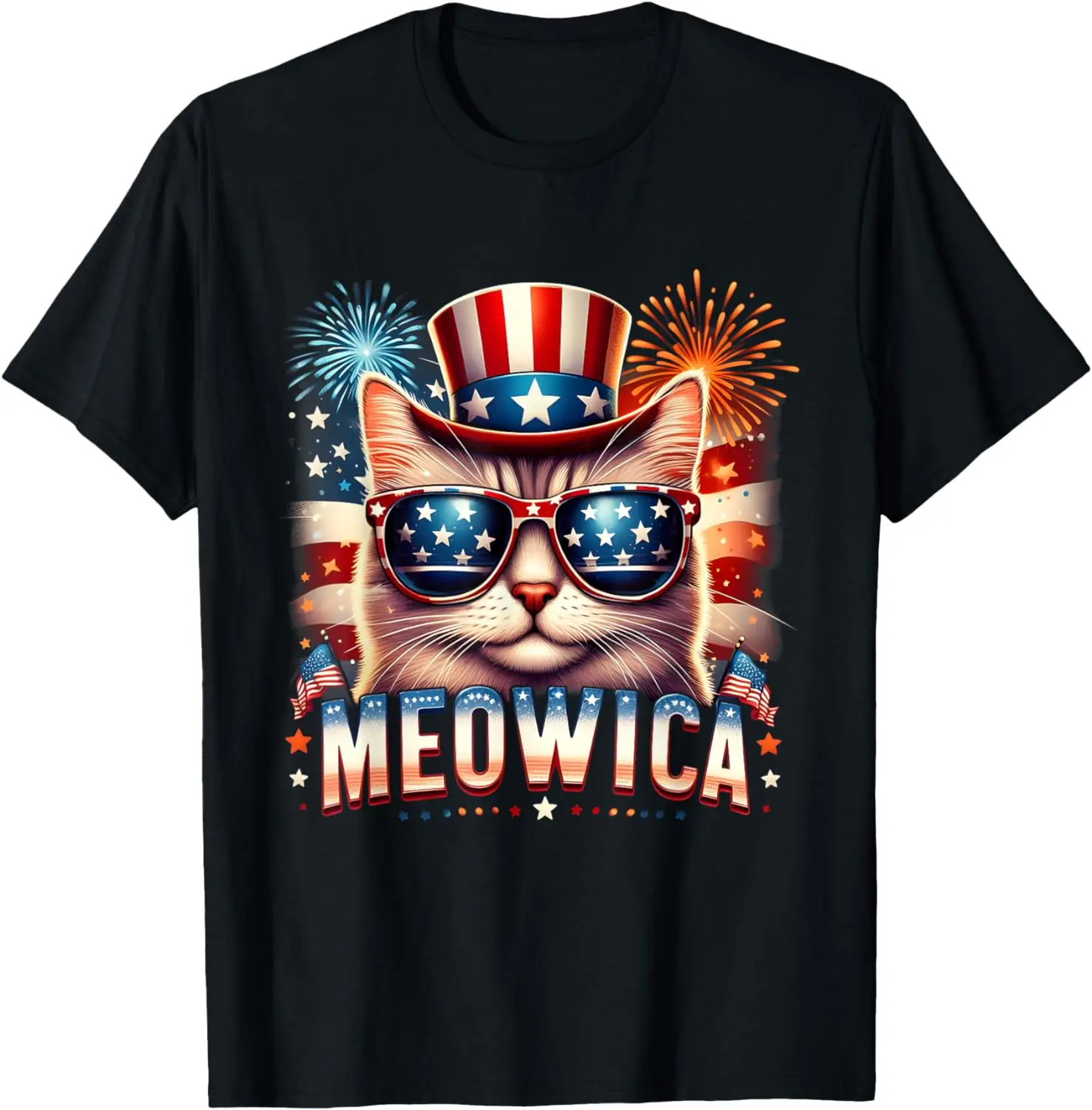 

Funny Patriotic Kitty Cat 4th of July Firework Cat Meowica T-Shirt