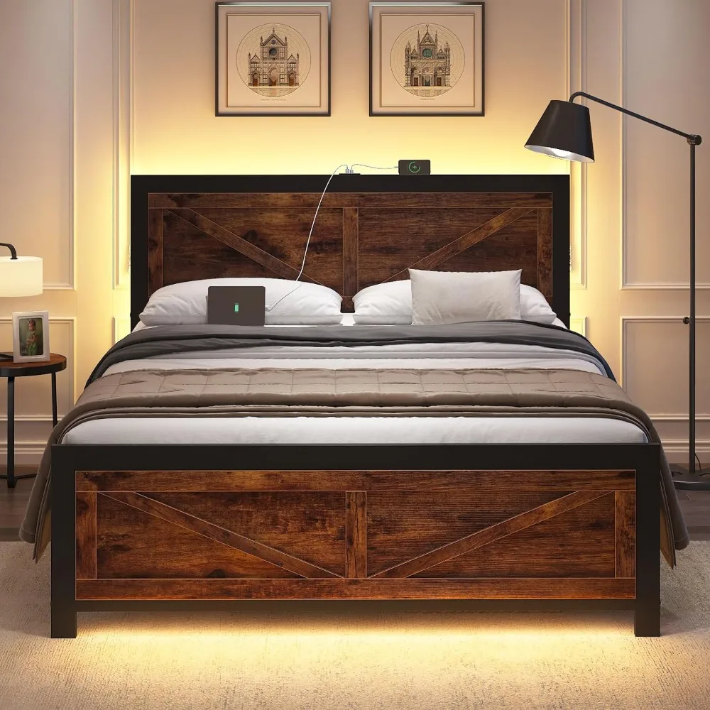 Struttura letto a LED Queen Size con stazione di ricarica, struttura letto con piattaforma industriale con testiera in legno con porta rustica della stalla, senza rumore