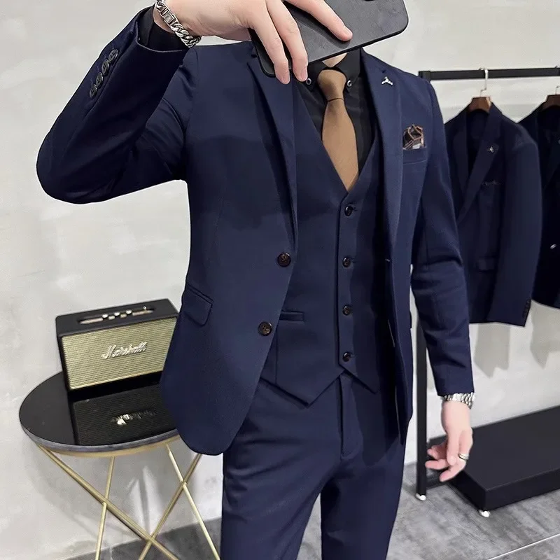 2024 Fashion New Men\'s Leisure Boutique Business Solid Color Slim Wedding Suit / Men\'s Striped 3 Pcs Blazers Jacket Pants Vest