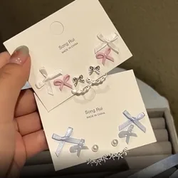 KADRUFI Korean Fashion Ballet Style Ribbon Bow-knot Shape Pearl Stud Earrings Set for Women Kpop Pink Blue Charm Earring Jewelry