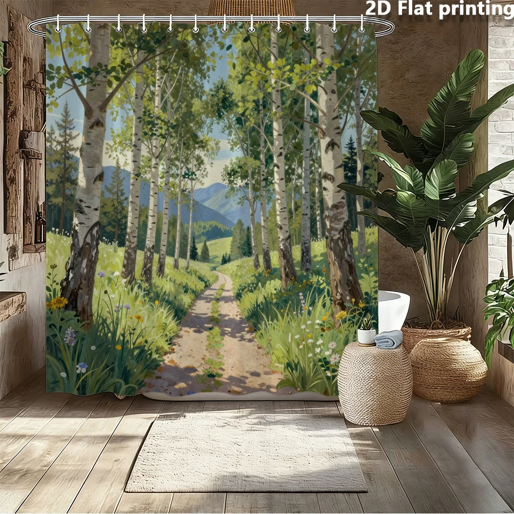 2D Flat, 1pc 2D Flat Printing Curtain Shower with a Pastoral Scene of Birch Trees Path Surrounded by Flowers and Mountains Suita