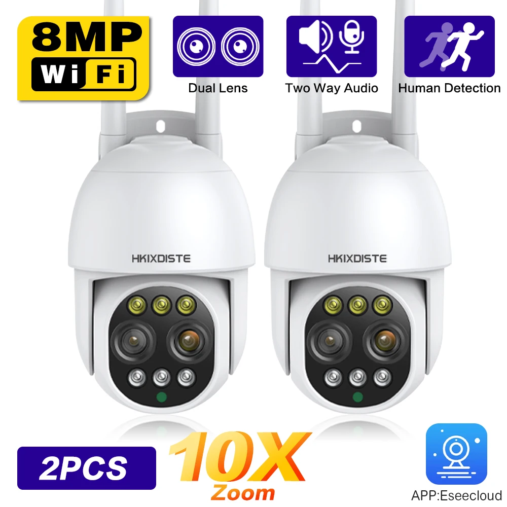 

8MP Dual Lens Color Night 10X Zoom 4K PTZ WiFi IP Camera Outdoor AI Human Tracking CCTV Audio Home Security Surveillance Camera