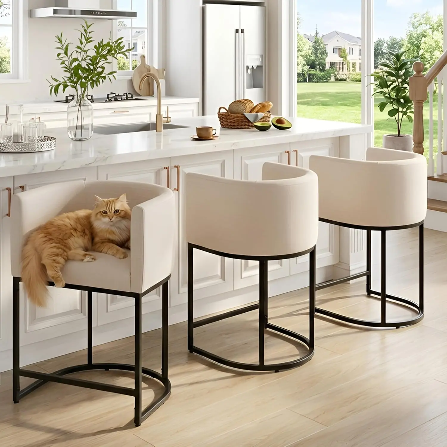 

Counter Height Stools Set of 3, Cream Linen Fabric, Black Frame, 24' Kitchen Island Stool