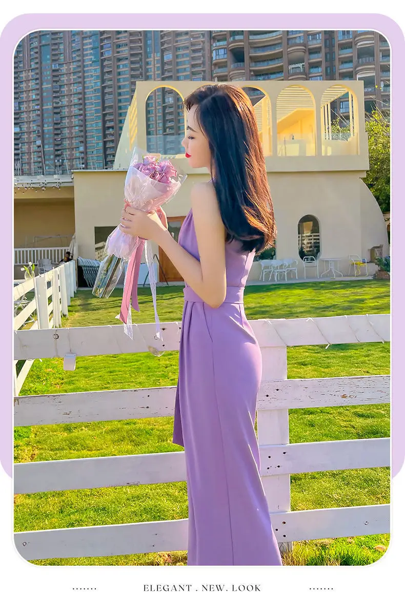 Jumpsuit Women 2023 Sexy Polyester Purple Halter Neck Wide Leg Pants Clothing Sleeveless Elegant Female Summer Overalls Rompers