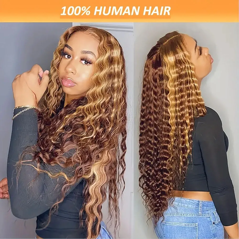 

Highlight Lace Front Wigs Human Hair 5×5 Deep Wave Transparent 220Density Glueless Honey Blond Pre Plucked Ready to Wear 4/27