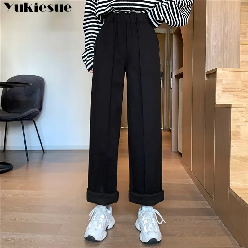 Nouveau automne hiver 2025 taille haute élastique élégant longue jambe large pantalon en laine nouveau pantalon coupe ample femmes mode élastique marée