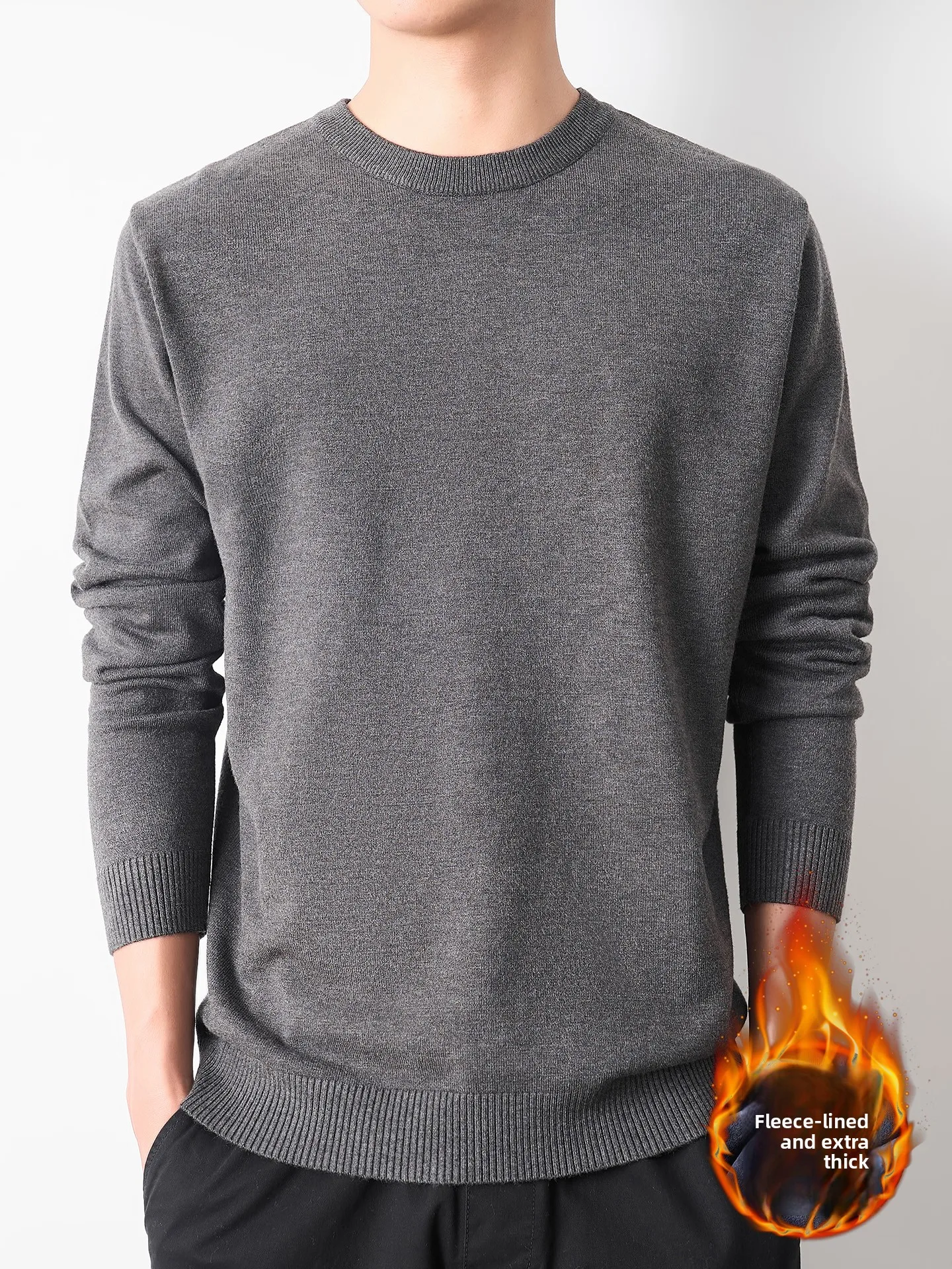 

Men's round Ne Knitted Sweater Fce Lined Thiened Casual Loose Inner Wear Winter Faion Ci Sle ort Length Overhead