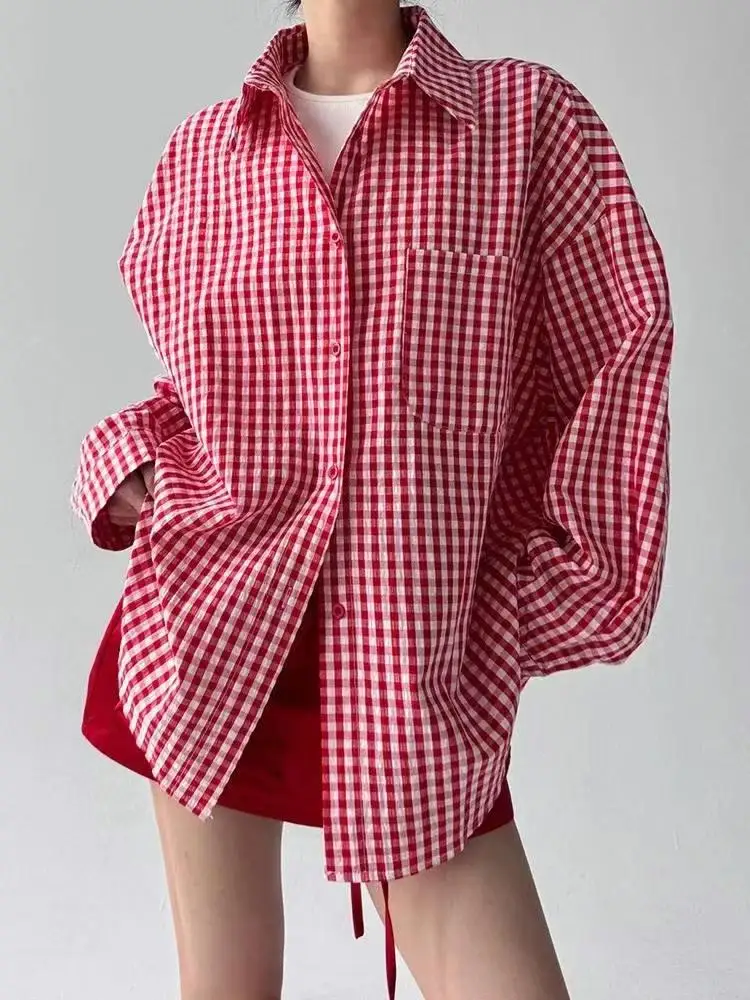 เสื้อเชิ้ตแขนยาวสไตล์วินเทจเกาหลี ลายสก็อตสีเหลือง น้ำเงิน แดง ติดกระดุมแถวเดียว สำหรับผู้หญิง แฟชั่นฤดูใบไม้ผลิและฤดูใบไม้ร่วง