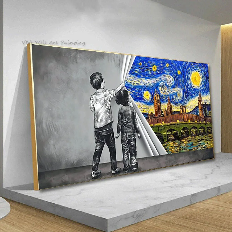 Handmade Hand Painted Wall Art Modern Abstract Van Gogh Starry Night Landscape Home Decoration Decor Rolled Canvas Unstretched