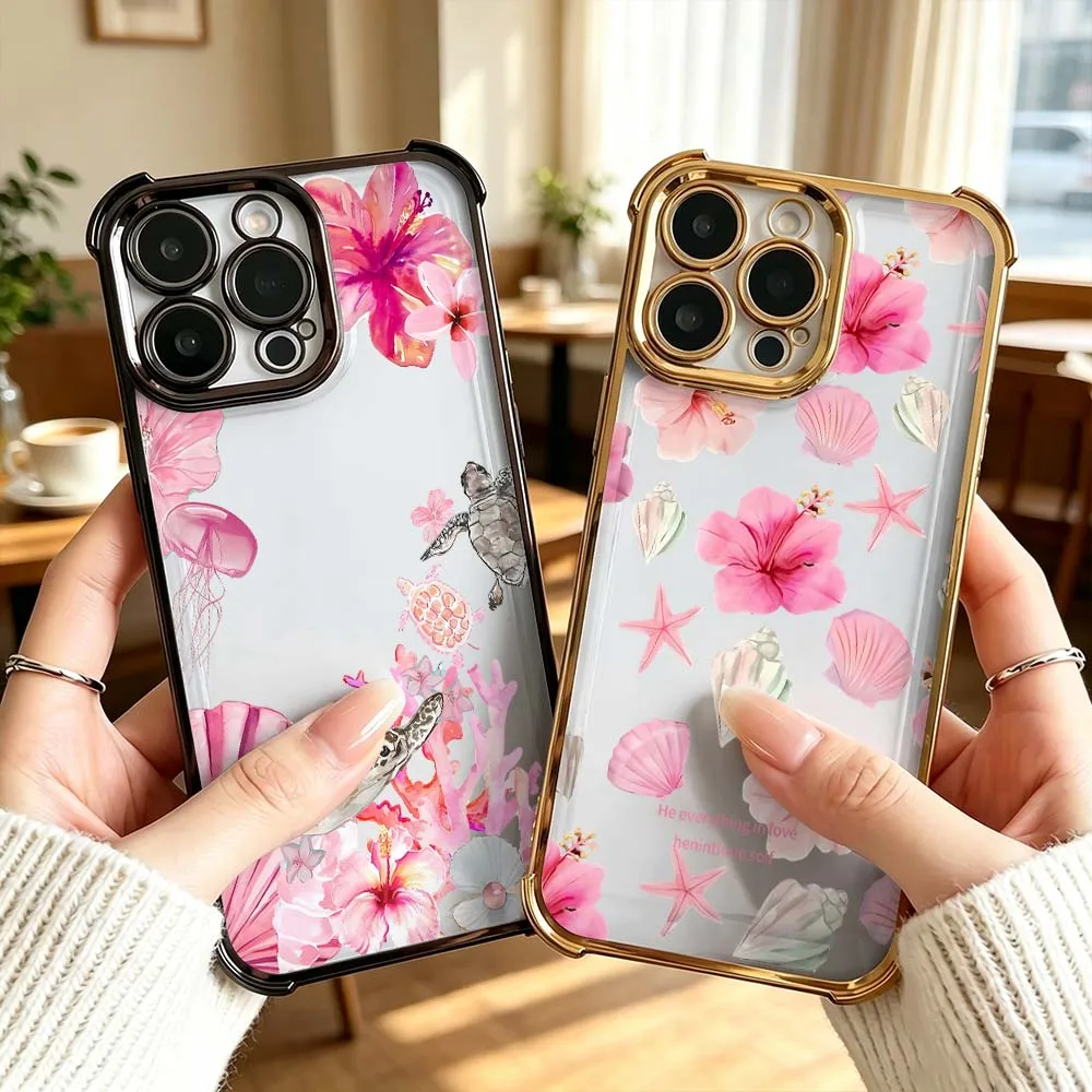 Pink Hibiscus Flower Pattern For iPhone 18 17 16 15 14 13 Pro Max Plus Electroplating Anti Fall Phone Case