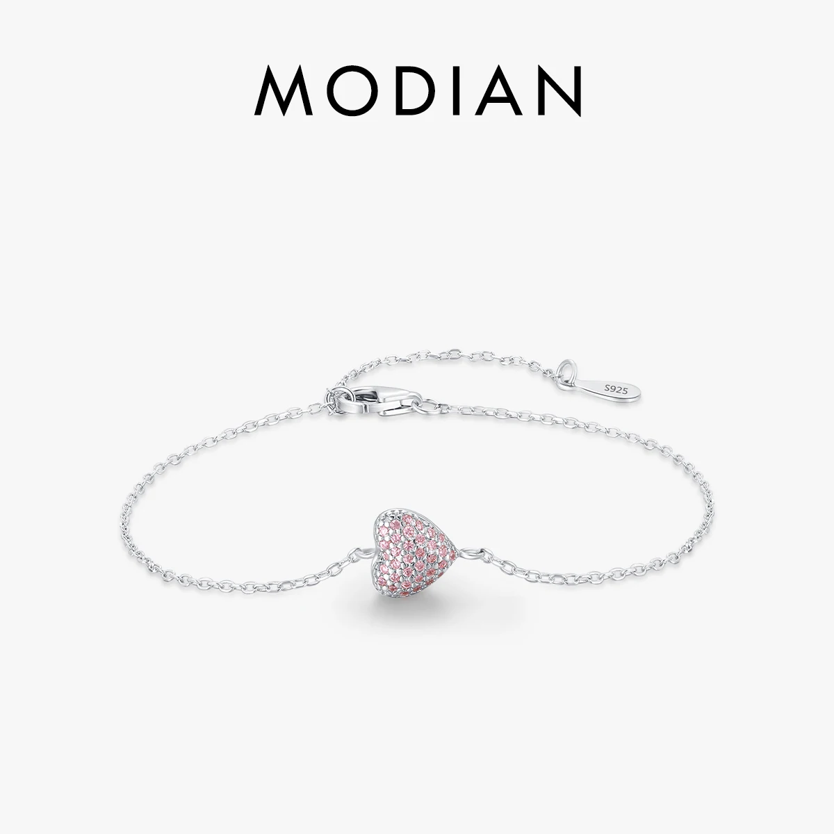 MODIAN 925 Sterling Silver jasnoróżowa cyrkonia serce regulowana bransoletka ogniwo łańcuszka dla kobiet biżuteria romantyczny prezent na rocznicę