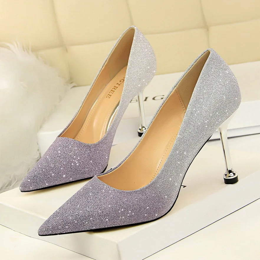 

Fashion Korean Edition Slim Shallow Mouth Sharp Tip Shiny Color Gradient Contrast Single High Heels Women's Wedding Pumps Shoes