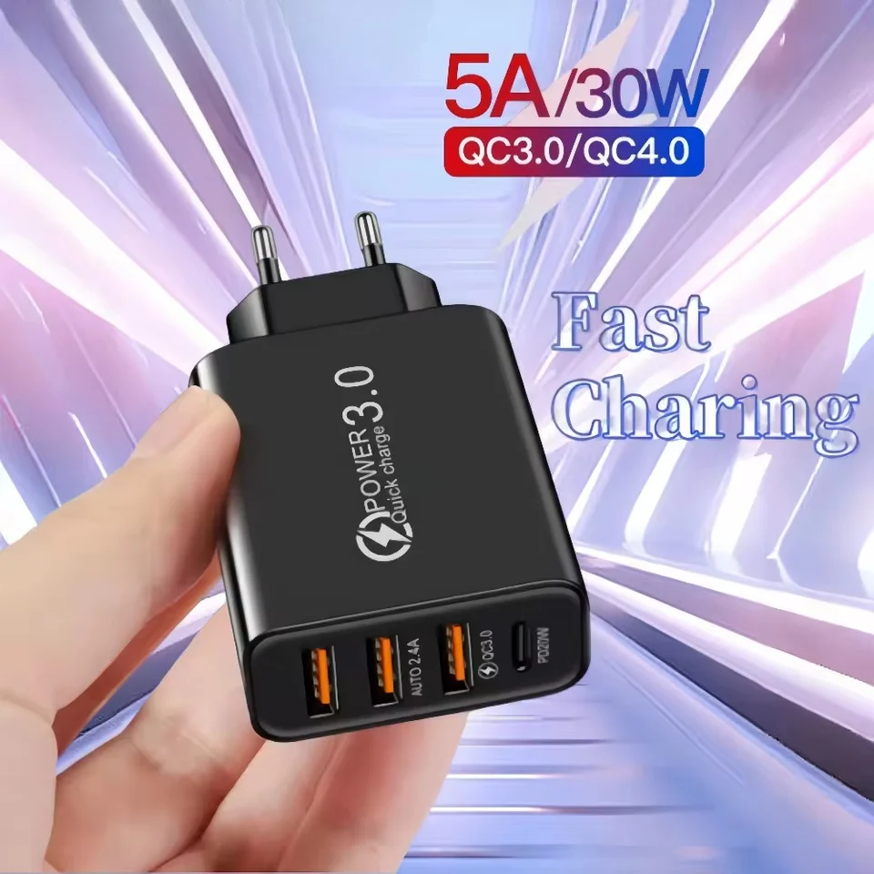 

5A 30W 4 Ports USB Charger Quick Charger EU/US Plug Fast Wall Charger For iPhone11 Xiaomi Portable Phone Charger QC 3.0 Adapter