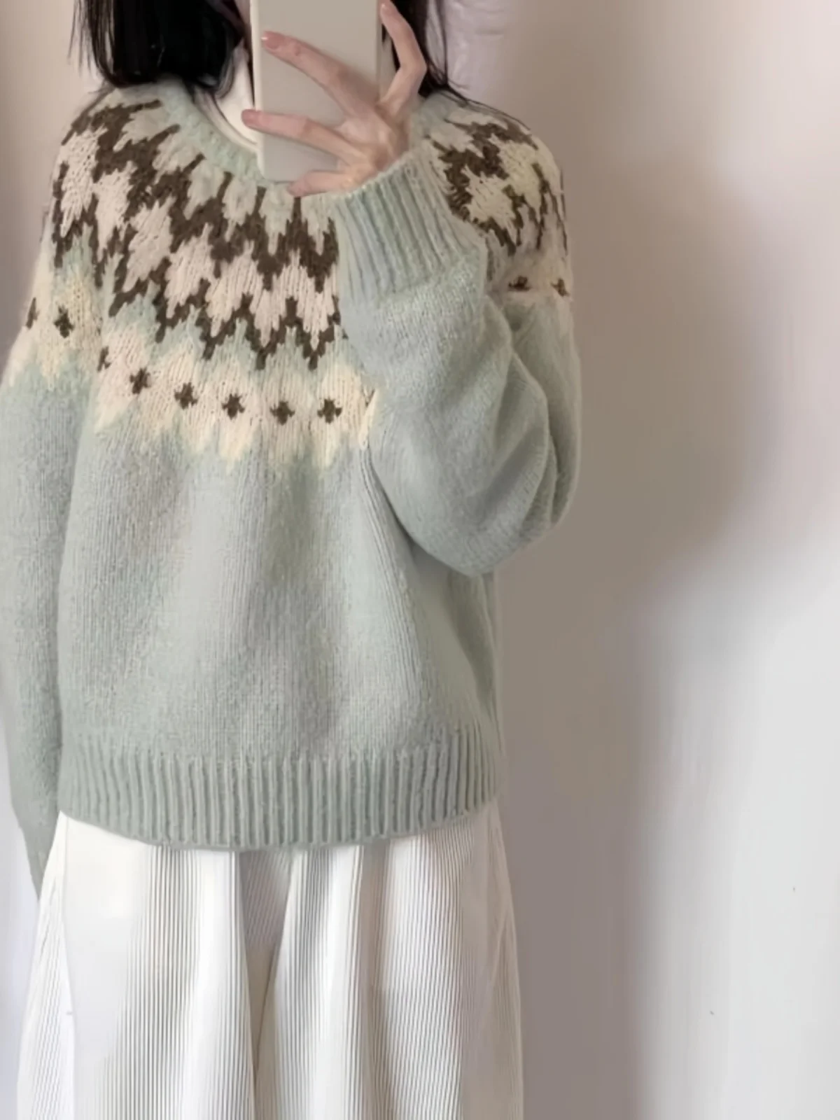 เสื้อสเวตเตอร์ถักลายแฟร์ไอล์อเนกประสงค์สำหรับผู้หญิง ฤดูใบไม้ผลิ ฤดูใบไม้ร่วง 2025 ทรงหลวม สไตล์ลำลอง คอกลม ถักนิตติ้ง เสื้อแฟชั่นสำหรับผู้หญิง เหมาะสำหรับใส่ไปทำงาน