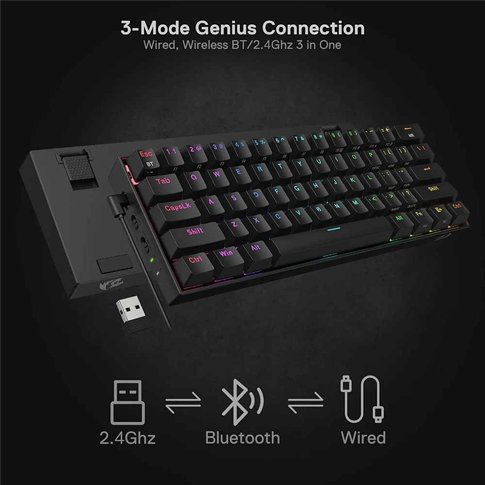 Imagem -05 - Teclado Mecânico sem Fio 60 Draconico Compact Rgb 61 Chaves Tkl Projetado 5.0 Bluetooth para pc Laptop Celular Redragon-k530