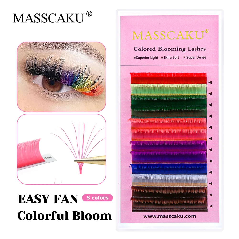 

High Quality MASSCAKU C D Curl Colored Camellia Blooming Eyelash Individual Rapid Grafting Colorful Flowering Lash Easy to Pick