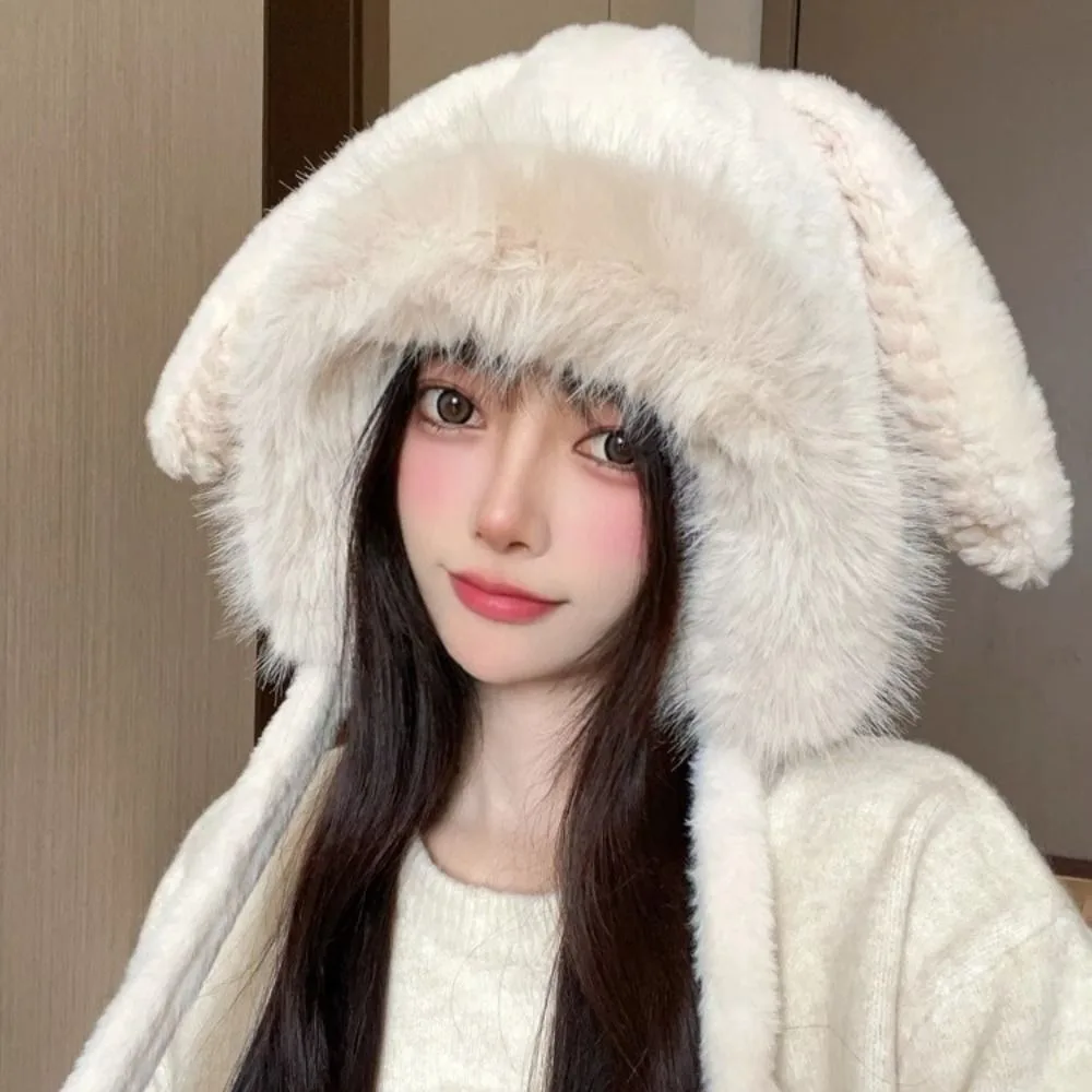 New Warm Winter Hat Lacing Ear Protection Bear Ears Hat Velvet Rabbit Ear Woolen Bucket Hat Women
