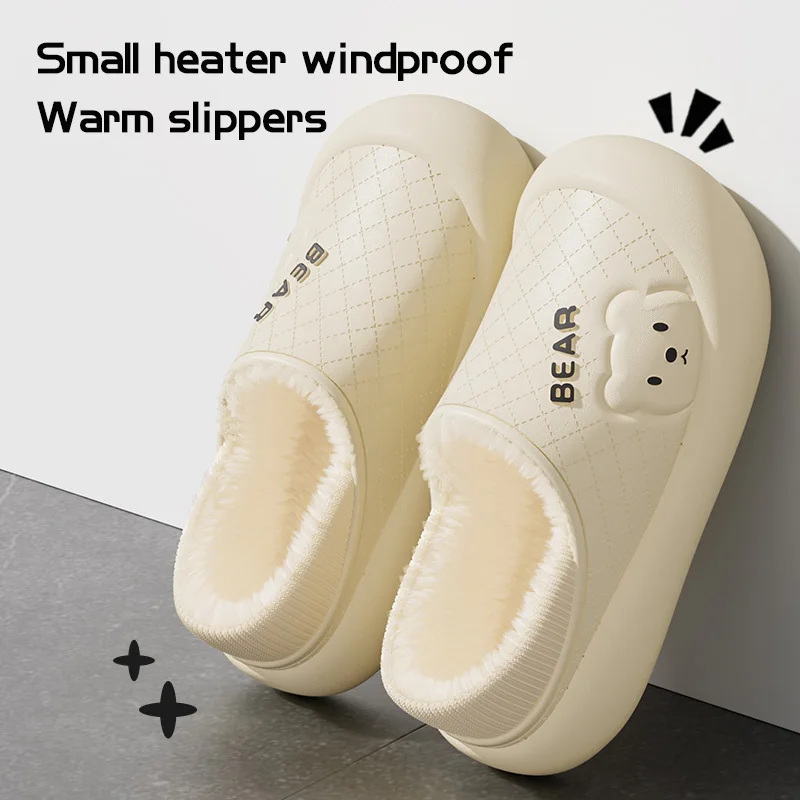 Waterproof cotton slippers for women's winter new indoor home plush warm bag with thick sole and anti slip cotton shoes for men