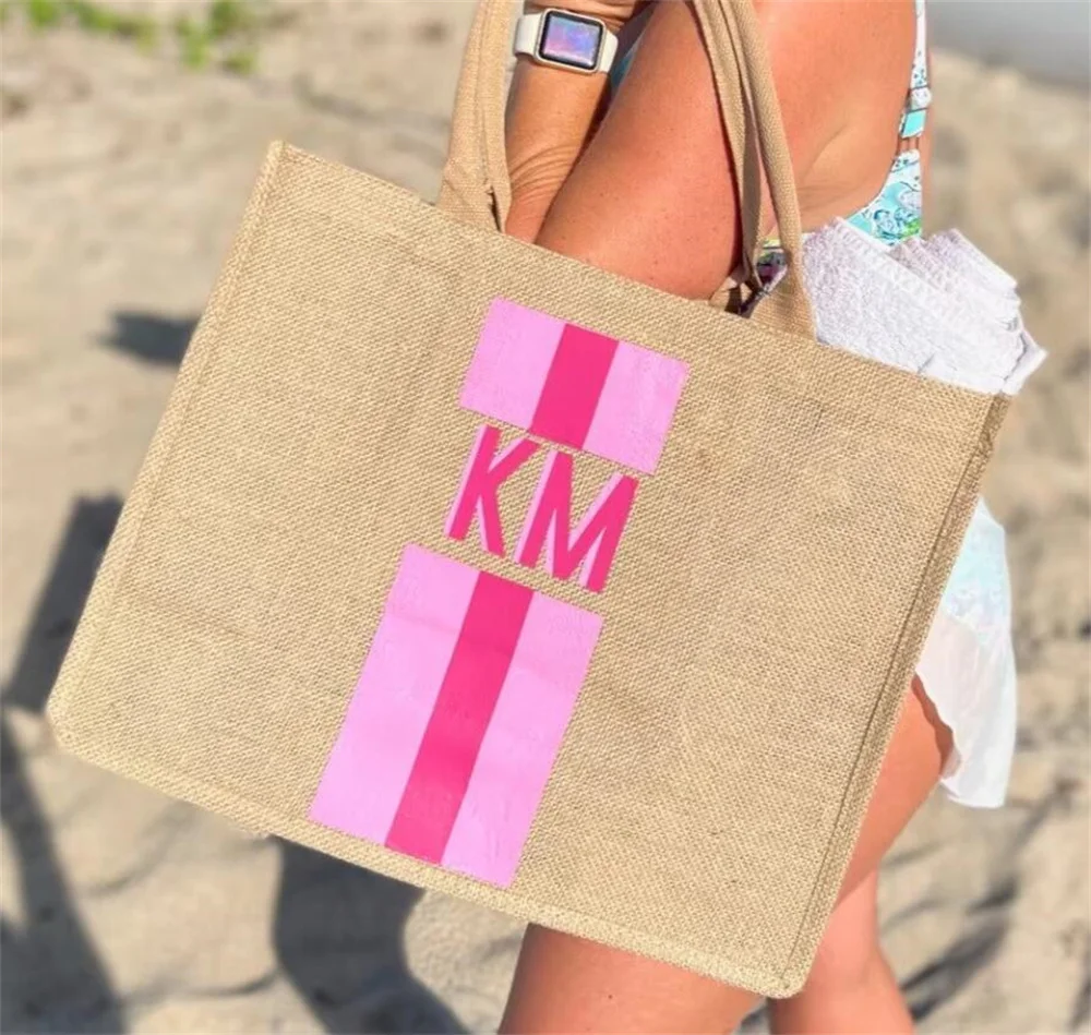 

Jute Tote Carryall Bag, Striped Shadow Monogram Bag, Jute Tote, Personalized Bag, Custom Bag, Shopping Bag