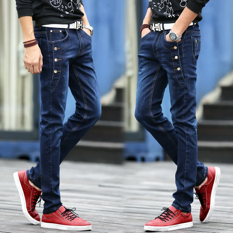 Spring Autumn Gray Blue Denim Jeans Men's Korean Button Designer Cowboy Streetwear Slim Feet 2022 Casual Skinny Long Pants Men