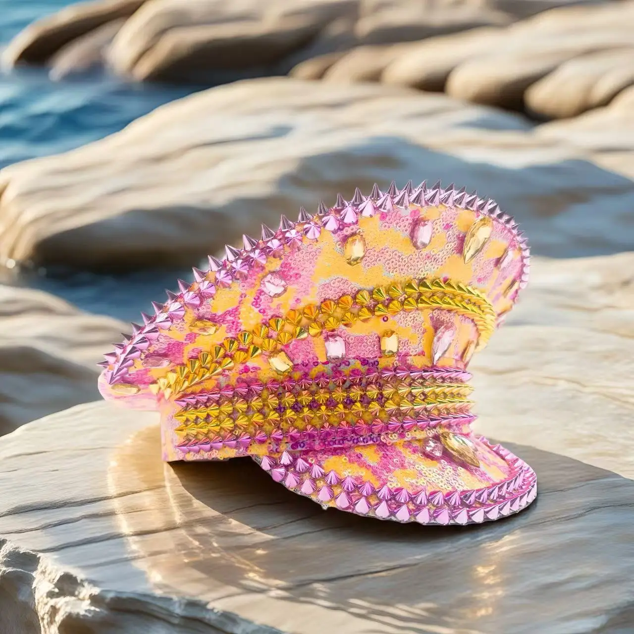 HongLuan Yellow Laser Leather Loop Captain Hat Rhinestone & Military Caps for Woman, Rave Festivals Accessories ＆ Party Cap Man