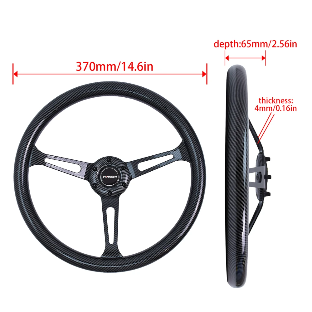 TIYPEOR Carbon Fiber Printing Racing Steering Wheel ABS Black 5mm Bracke 370mm Classic Steering Wheel for Premium Racing