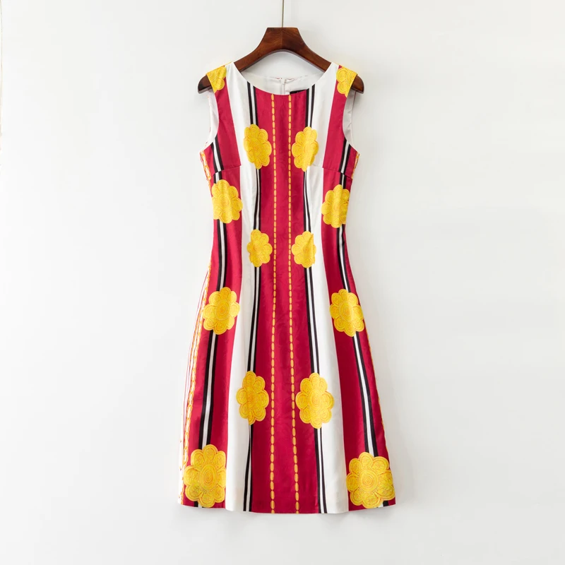 

Women's Flower Print Red Stripe Dress, O-Neck Mini Casual Dresses, Fashion, 5127