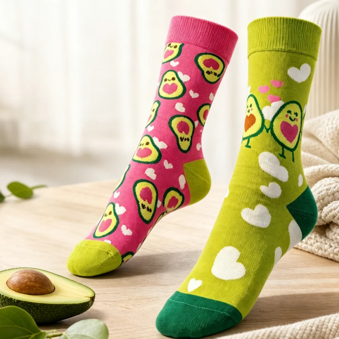 1 pair of trendy, vibrant avocado-print socks with an asymmetrical design, suitable for both men and women