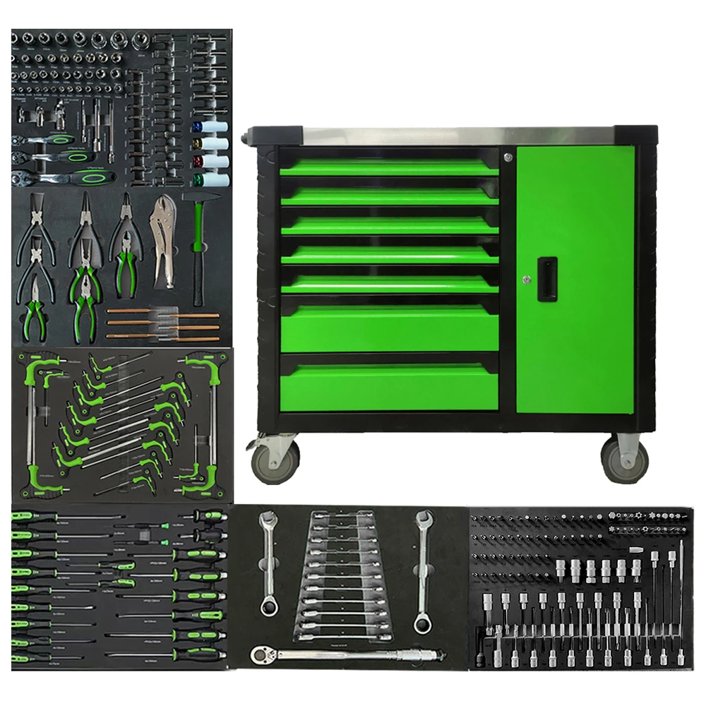 

257 Pcs Heavy Hand Tool Kit in Newly Design Tool Cart Auto Repair Kit Chest Trolley Storage Cabinet with OEM Customization