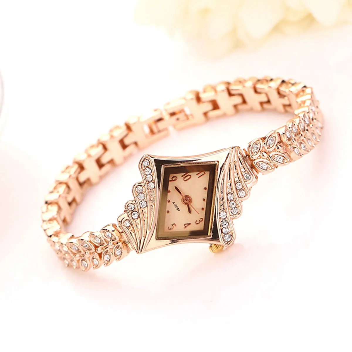 Women Quartz Rhinestone Crystal Wrist Watch Golden Rhombus Style Elegant Fashion Bracelet Watch Perfect Gift for Her Mother Wife