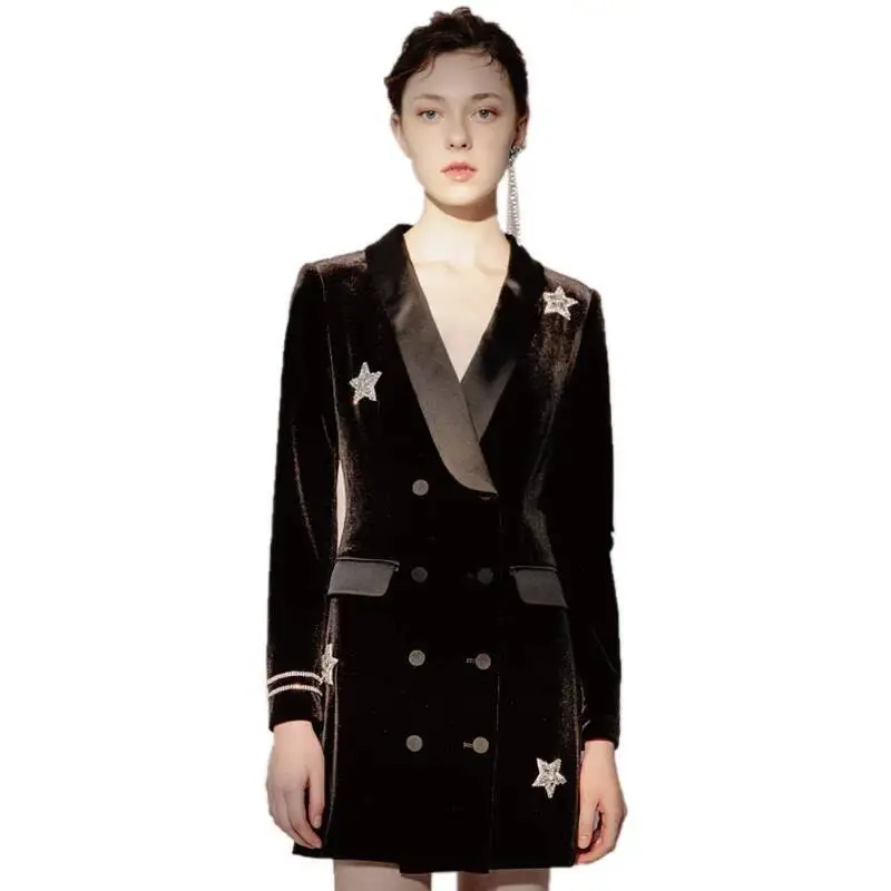 신상 벨벳 블랙 새틴 다이아몬드 스타 수트 드레스 여성 2025 가을 우아한 더블 브레스티드 긴 소매 오피스 드레스