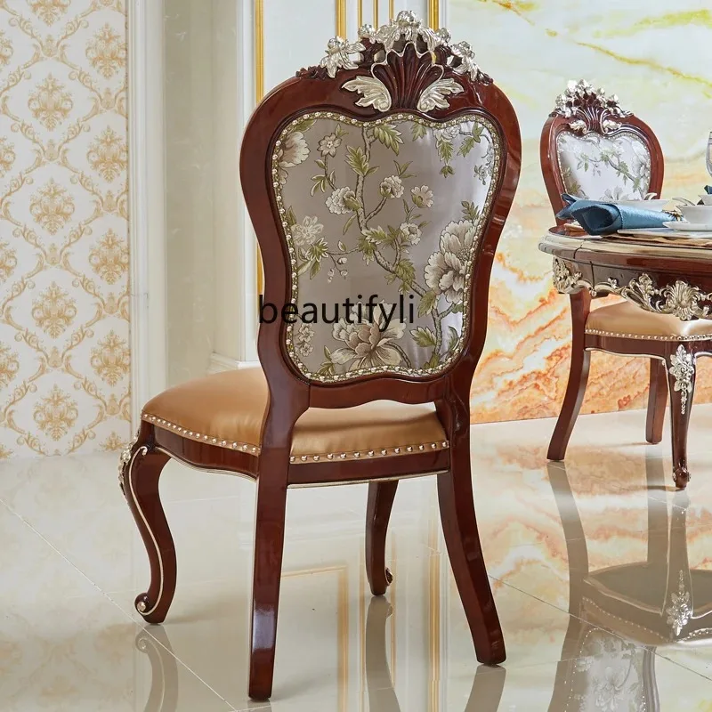 a485 First layer leather dining chair American retro back chair solid wood home embroidery study chair