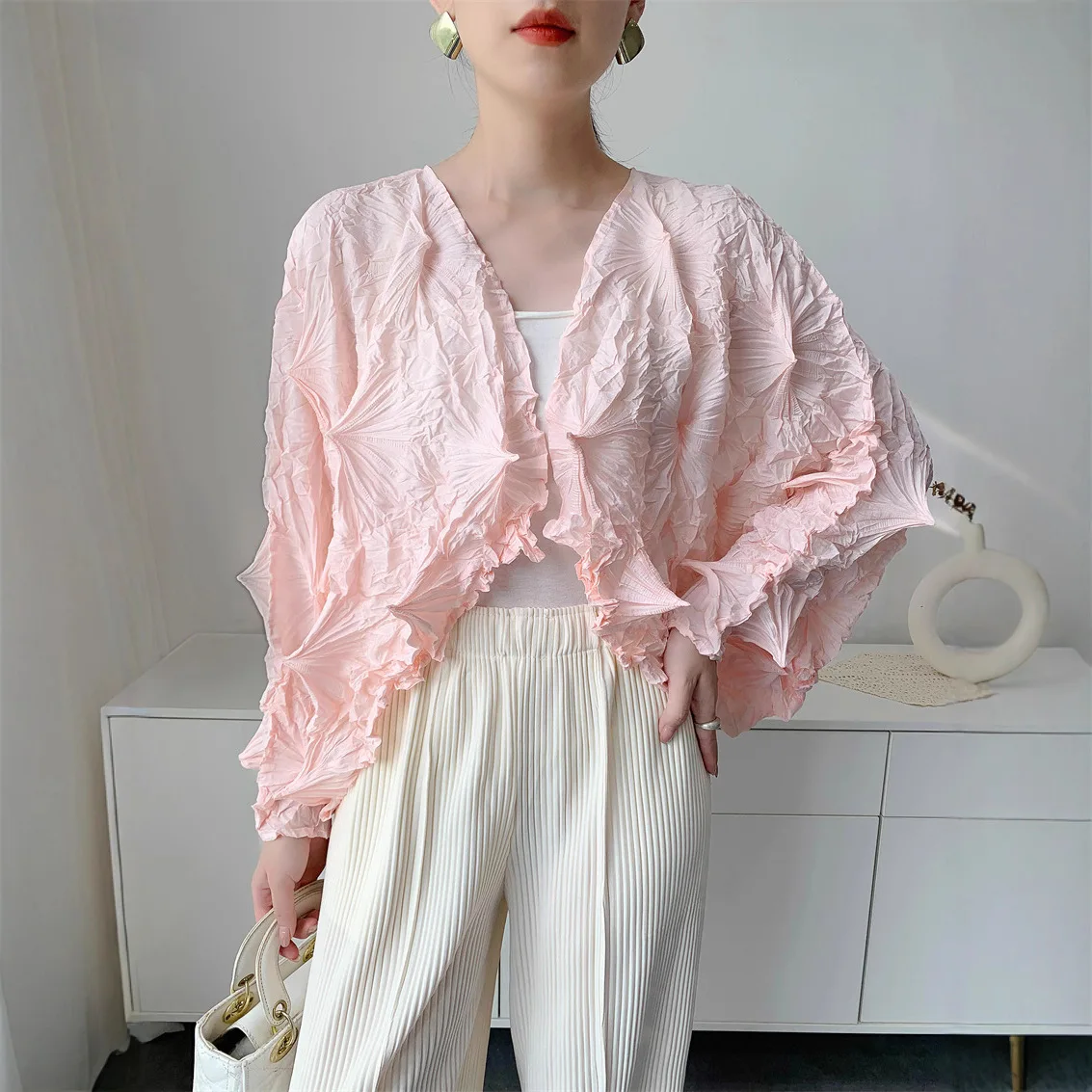 

Miyake чистая плиссированная куртка ручной работы для женщин, весна-осень 202, новый однотонный кардиган с длинными рукавами для женщин