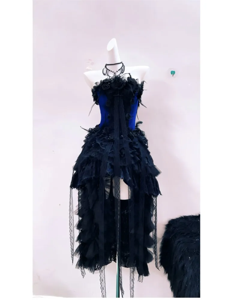 A new fashionable and form-fitting blue dress for birthday parties
