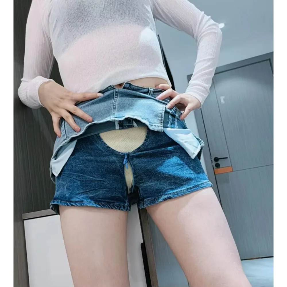 Jeans Skirt Women's Invisible Open Crotch Pants Skirts Retro Hip-Wrapped Skort Summer Outdoor Sex Culottes Disco Exotic Hotpants