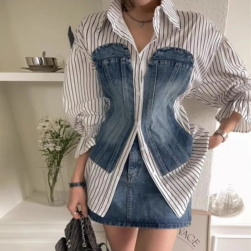 [EWQ] Korean Fashion Denim Patchwork Long Sleeve Striped Blouse Slim Single Breasted Temperament Women Shirt 2024 Autumn 16O2465